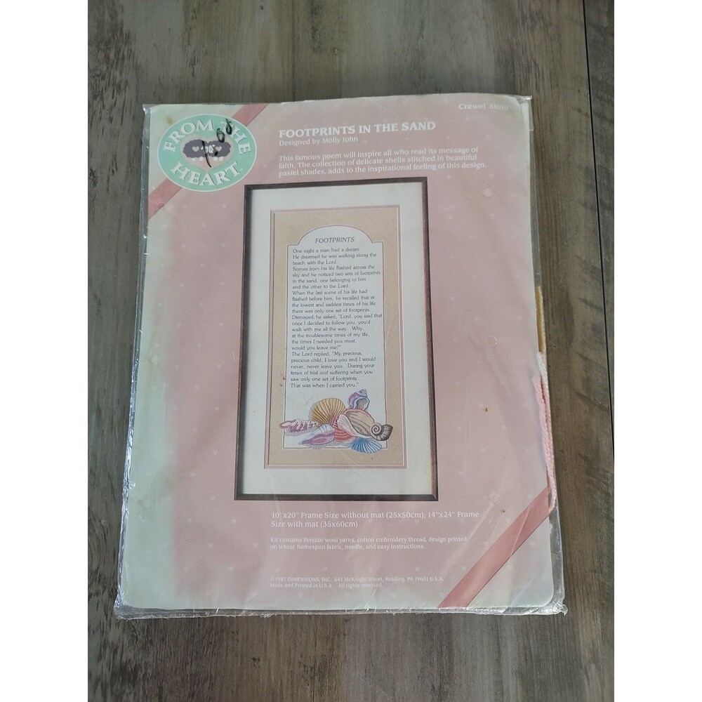 SEALED DIMENSIONS 1987 Crewel Kit FOOTPRINTS IN THE SAND Poem 10" x 20" 51010